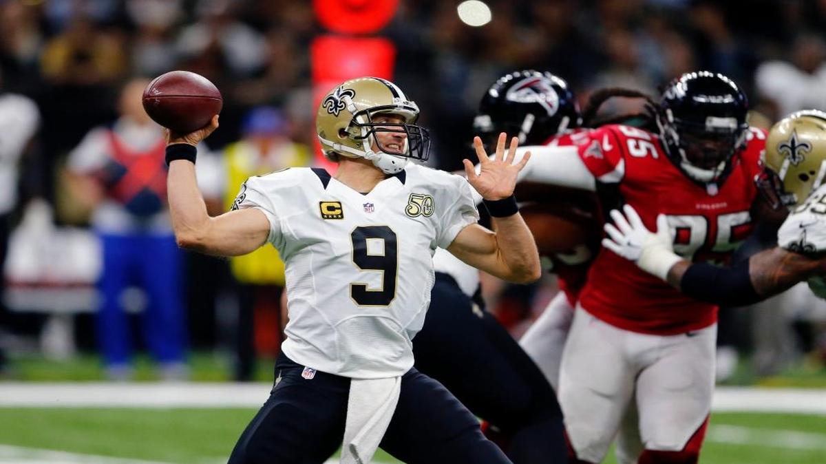 In this Sept. 26, 2016, file photo, New Orleans Saints quarterback Drew Brees passes in the first half of an NFL football game against the Atlanta Falcons in New Orleans. Brees' top three receiving targets range in age from 23 to 24, none has more than two seasons of NFL experience and one is a rookie. They way they've been playing, heading into this weekend's game at Kansas City, has the Saints' 37-year-old quarterback looking like he's still in his prime.