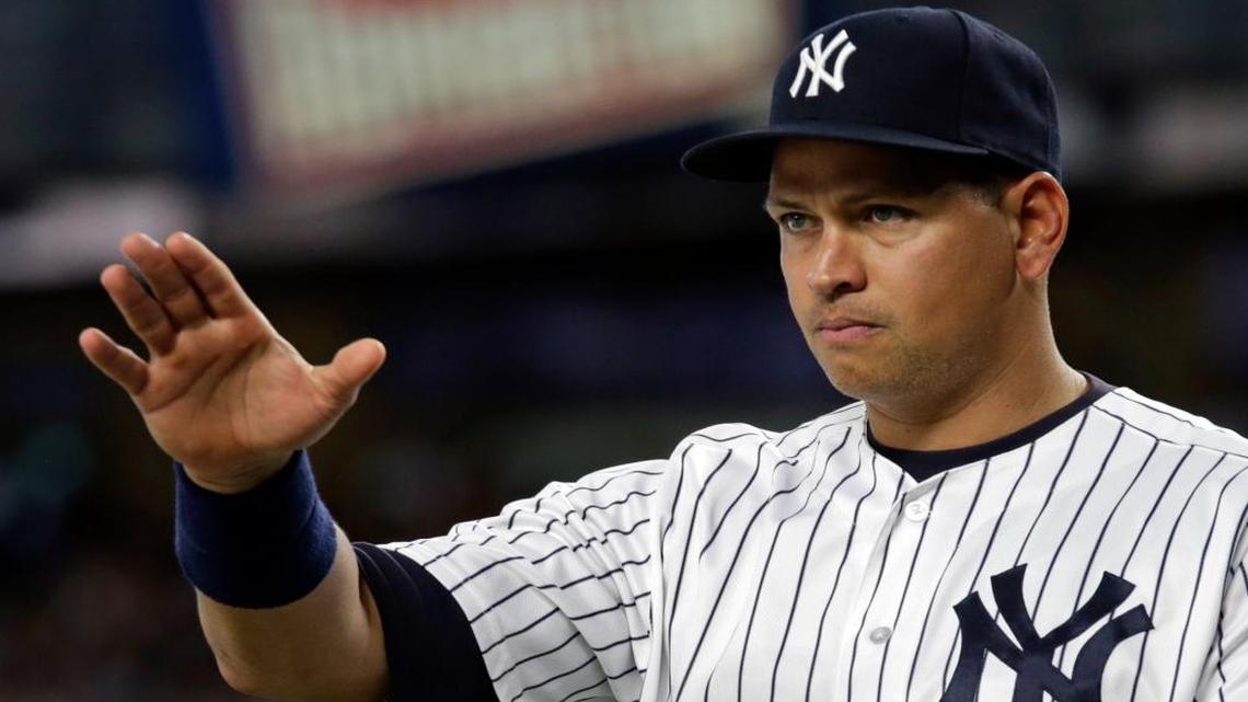 New York Yankees' Alex Rodriguez acknowledges the crowd during a ceremony prior to his final baseball game with the team, against the Tampa Bay Rays on Fri., Aug. 12, 2016, in New York.