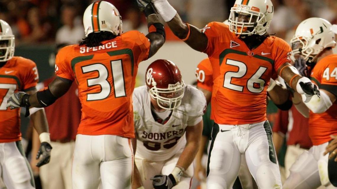 Sean Spence has been one of the most successful players to emerge from UM's No. 1 rated recruiting class in 2008, which failed to live up to expectations overall. In this photo, No. 17 UM is in the process of beating No. 8 Oklahoma in the biggest win of Randy Shannon's Canes coaching tenure on October 2, 2009. It was Sooners’ first visit to Miami since losing the 1987-season national championship to UM in the Orange Bowl game 22 seasons earlier.