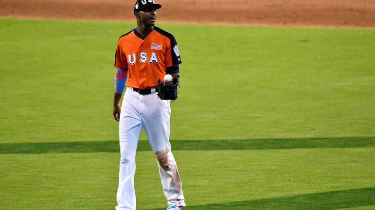 Lewis Brinson of the Milwaukee Brewers and the U.S. Team looks on prior to the SiriusXM All-Star Futures Game at Marlins Park on July 9, 2017.