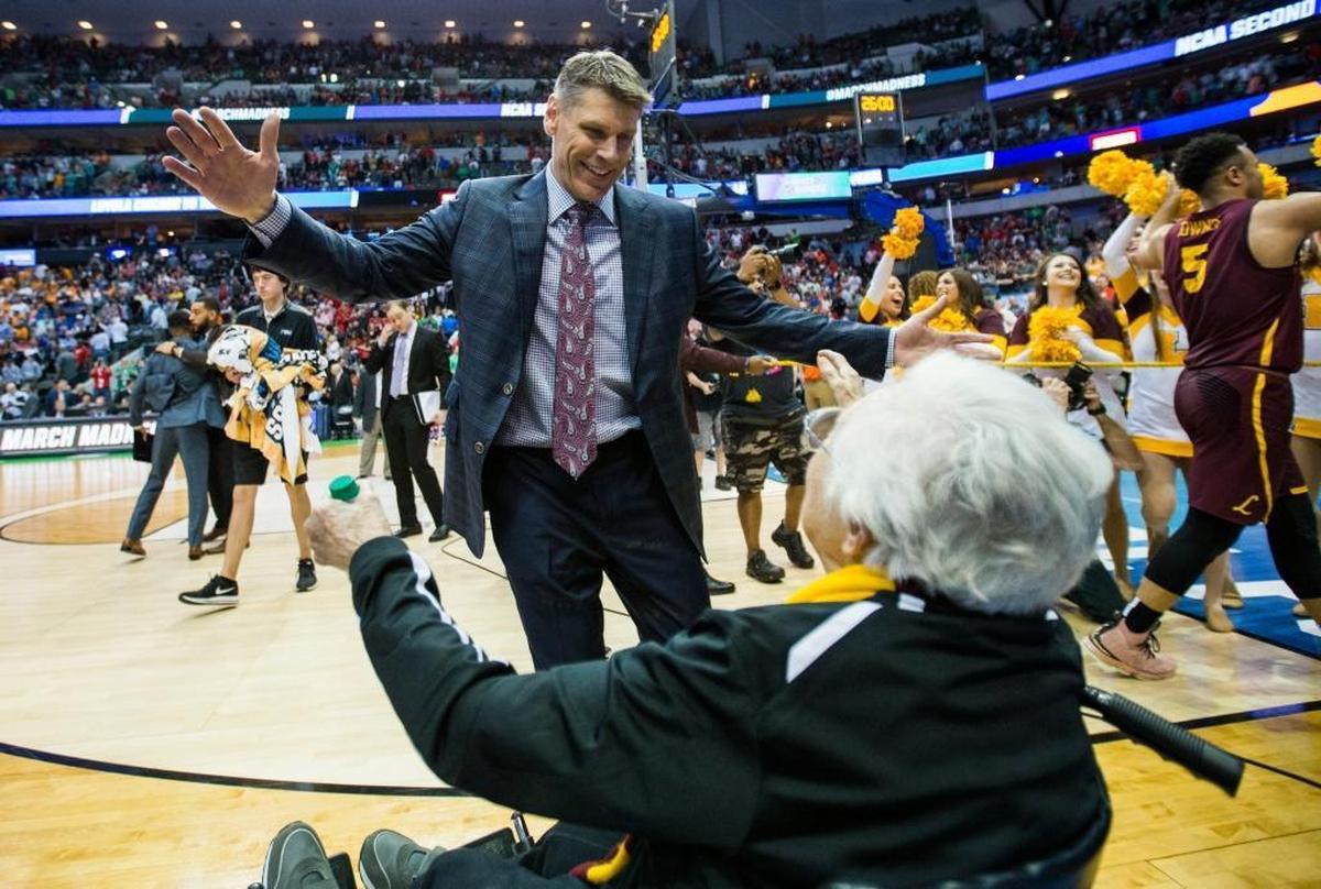 Loyola Coach Porter Moser hugged team chaplain Sister Jean Dolores-Schmidt after the No. 11-seed Ramblers upset No. 3 Tennessee 63-62 in last year’s NCAA Tournament round of 32.
