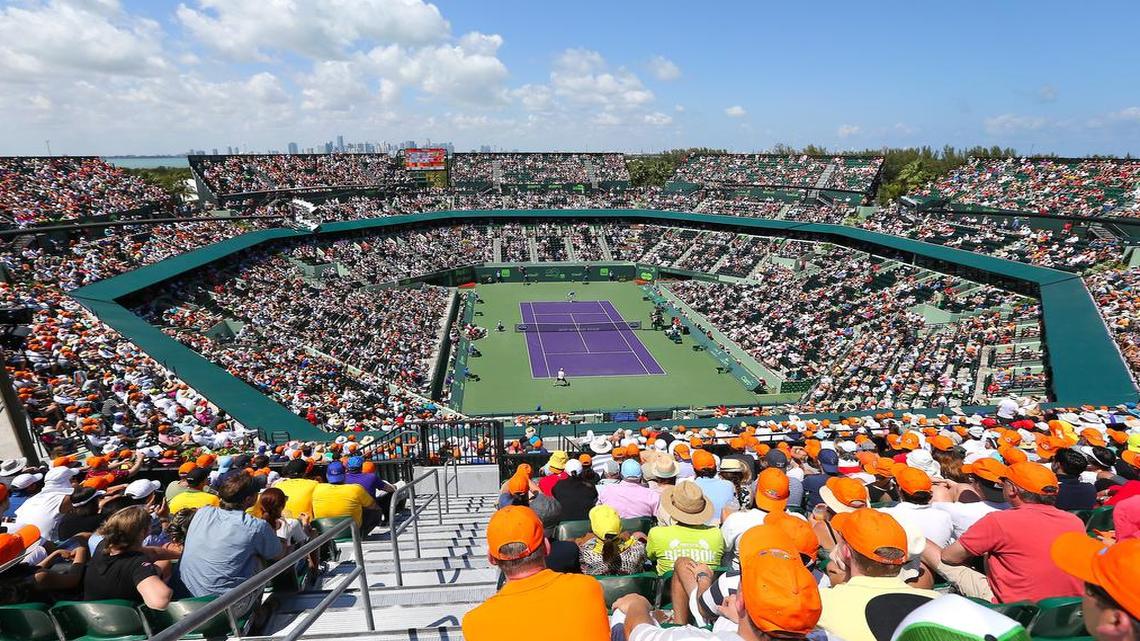 A view of the men's final match between Andy Murray, of Great Britain, and Novak Djokovic of Serbia, at Miami Open tennis tournament at Crandon Park in Key Biscayne on Sun., April 5, 2015. Djokovic won 7 (7)-6(3), 4-6, 6-0.