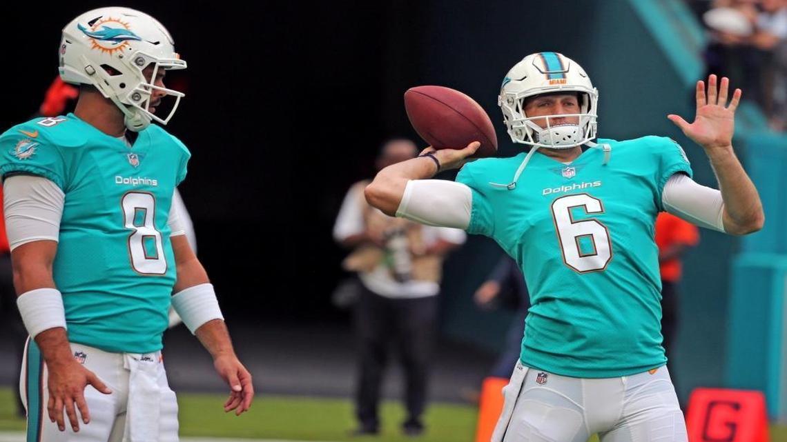 Dolphins quarterbacks Matt Moore (8) and Jay Cutler (6), during pregame as the Miami Dolphins prepare to play the Baltimore Ravens in their second preseason game at Hard Rock Stadium in Miami Gardens, FL, Aug. 17, 2017.