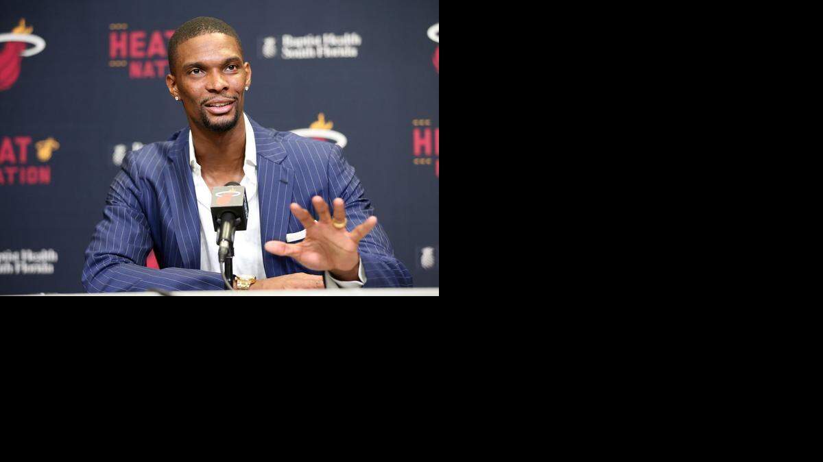 
Chris Bosh speaks with the media about his medical condition before the Miami Heat’s game against the Boston Celtics at AmericanAirlines Arena on March 9, 2015.
