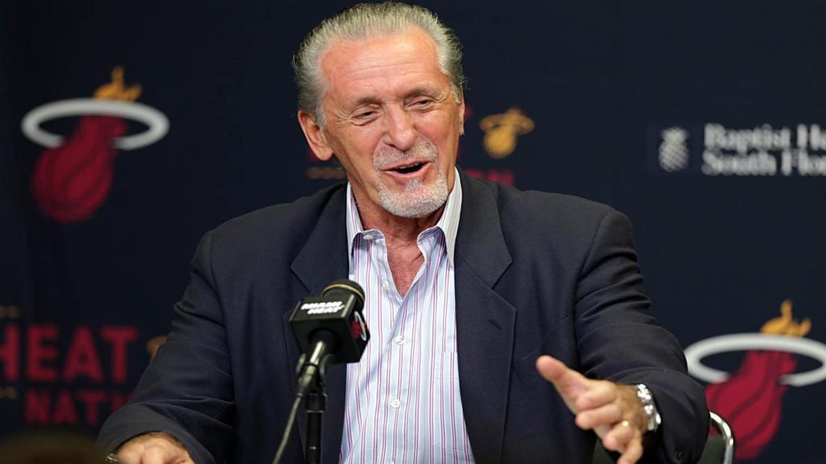
Miami Heat president Pat Riley speaks to the media during the signing of point guard Goran Dragic’s new five-year contract July 9, 2015.

