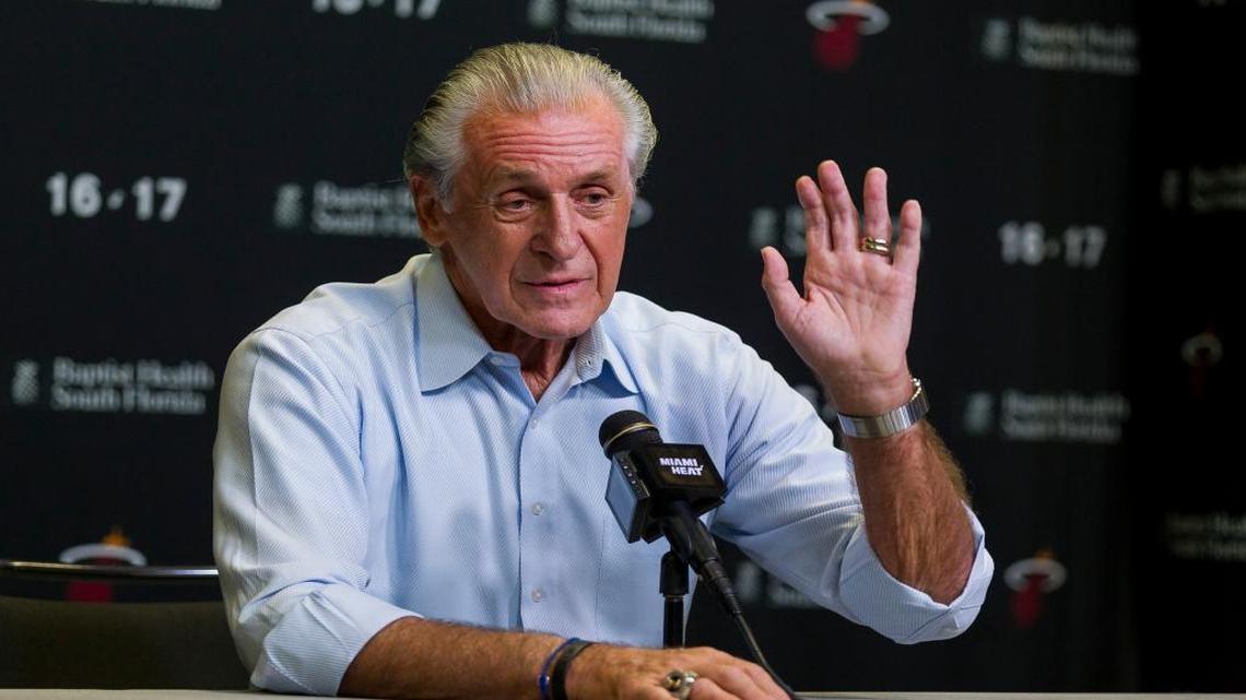 Pat Riley speaks to the media during a press conference after the Miami Heat chose Bam Adebayo as their first round pick during the NBA Draft on Thursday, June 22, 2017 at mericanAirlines Area in downtown Miami.