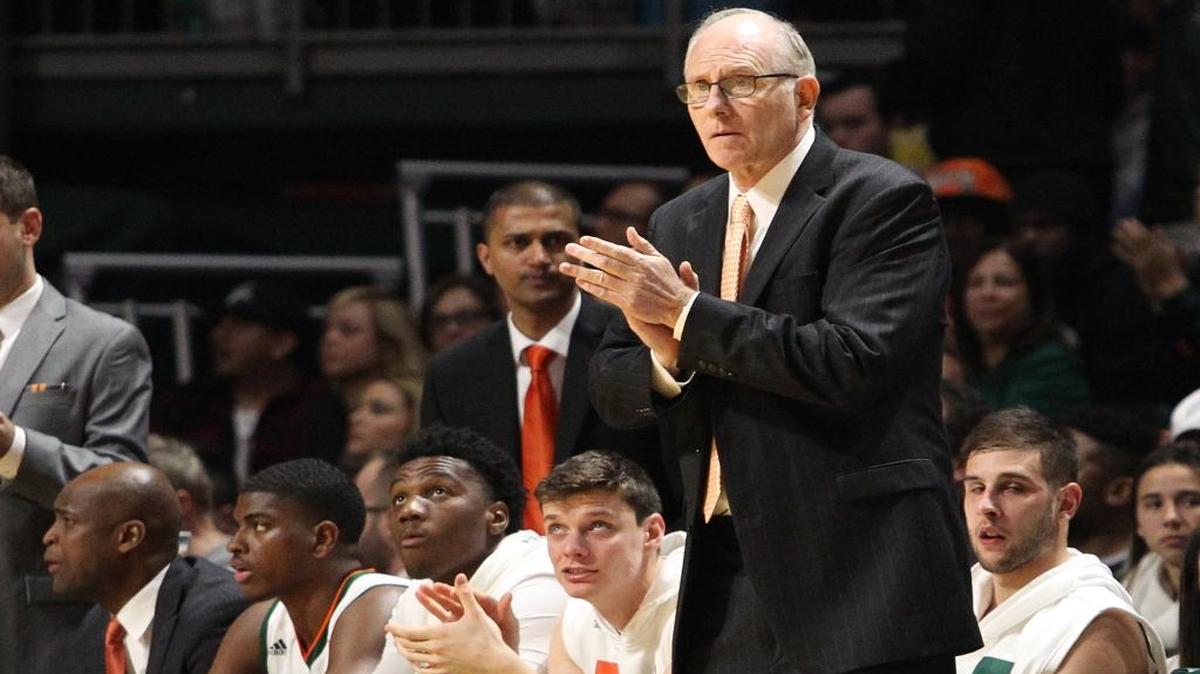 UM coach Jim Larrañaga reacts in the first half of the Miami Hurricanes' game against the Duke Blue Devils at BankUnited Center in Coral Gables on Monday, Jan. 25, 2016.