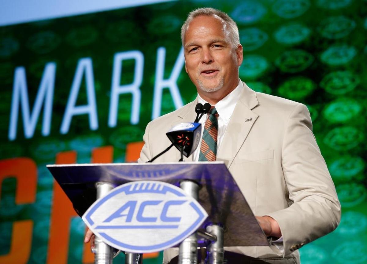 Miami head coach Mark Richt speaks to the media during the Atlantic Coast Conference NCAA college football media day in Charlotte, N.C., Friday, July 14, 2017.