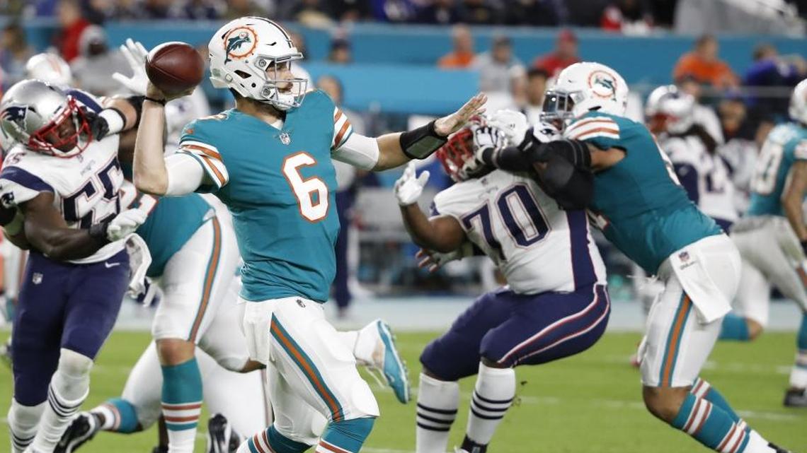 Miami Dolphins quarterback Jay Cutler (6) sets up to pass in the first quarter as the Miami Dolphins host the New England Patriots at hard Rock Stadium on Mon., Dec. 11, 2017.