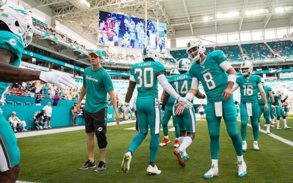 Miami Dolphins quarterbacks Ryan Tannehill (left) and Matt Moore (8) welcome the team onto the field before the start of the game at Hard Rock Stadium in Miami Gardens, Florida, January 1, 2017.