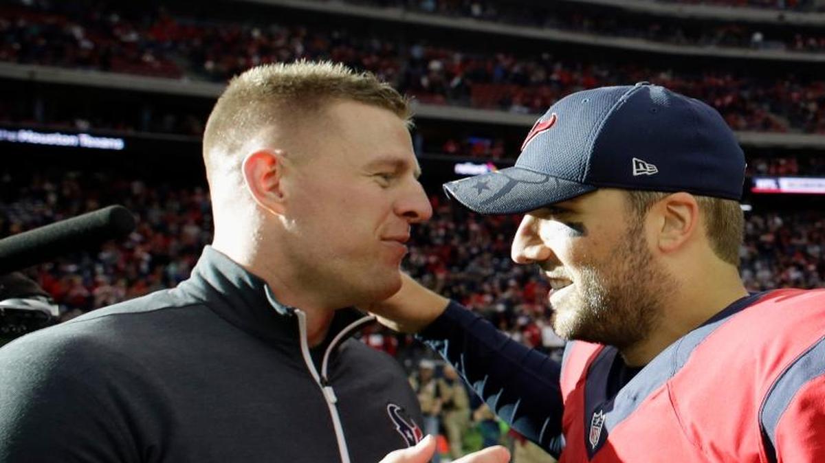 Houston Texans quarterback Tom Savage (3) is congratulated by defensive end J.J. Watt (99) after winning an NFL football game against the Jacksonville Jaguars Sunday, Dec. 18, 2016, in Houston.
