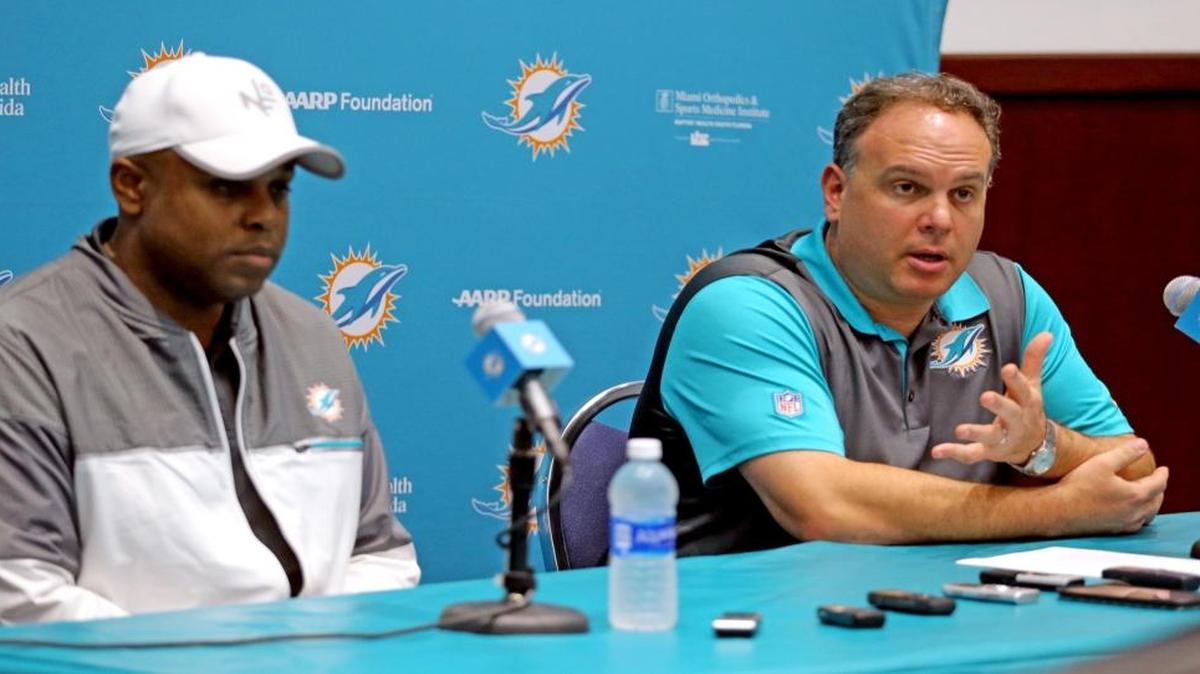 Miami Dolphins GM Chris Grier and VP Mike Tannenbaum talk to the media about the upcoming season and the NFL Draft at the Miami Dolphins training facility in Miami on April 19, 2017.