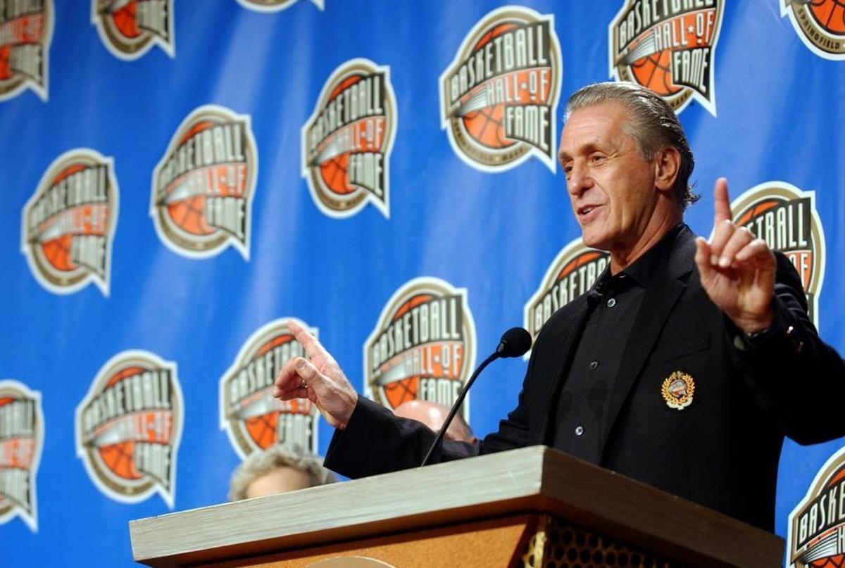 In this Sept. 5, 2008, file photo, Pat Riley gestures during a news conference at the Basketball Hall of Fame in Springfield, Mass. Riley's NBA debut was exactly 50 years ago Sat., Oct. 14, 1967, the start of a Hall of Fame career that saw him go from player to broadcaster, broadcaster to coach, coach to executive.