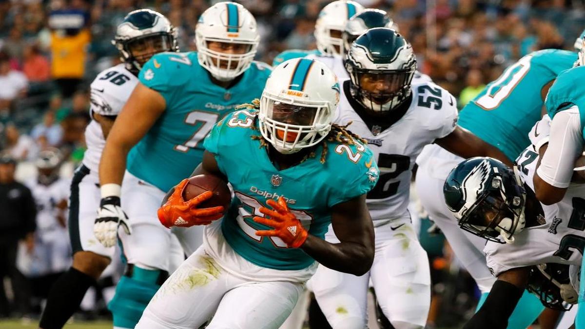 Miami Dolphins running back Jay Ajayi scores on a 2-yard first-quarter touchdown run against the Philadelphia Eagles on Thurs., Aug. 24, 2017, at Lincoln Financial Field in Philadelphia.