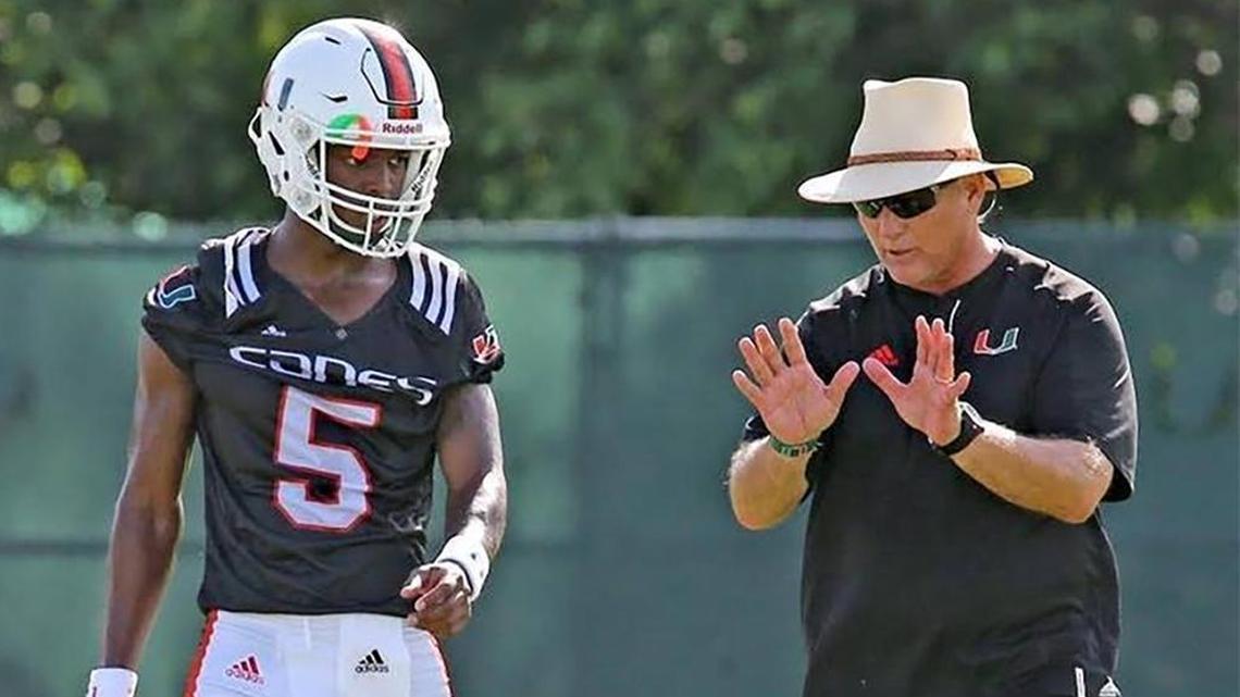 Mark Richt coaches N’Kosi Perry during last year’s Miami Hurricanes spring practice. Will this be the spring Perry (or somebody else) dethrones Malik Rosier as starting quarterback?