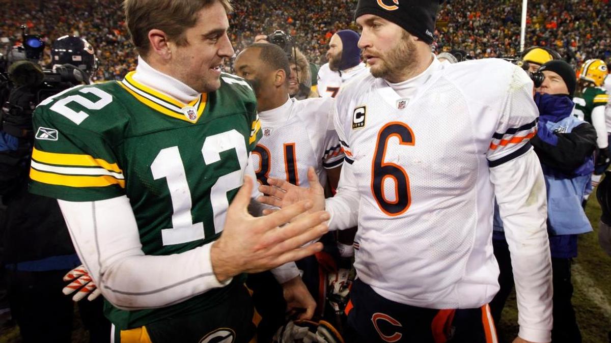 Green Bay Packers quarterback Aaron Rodgers, shown with Bears quarterback Jay Cutler, has won 10 of his past 11 meetings against Chicago.