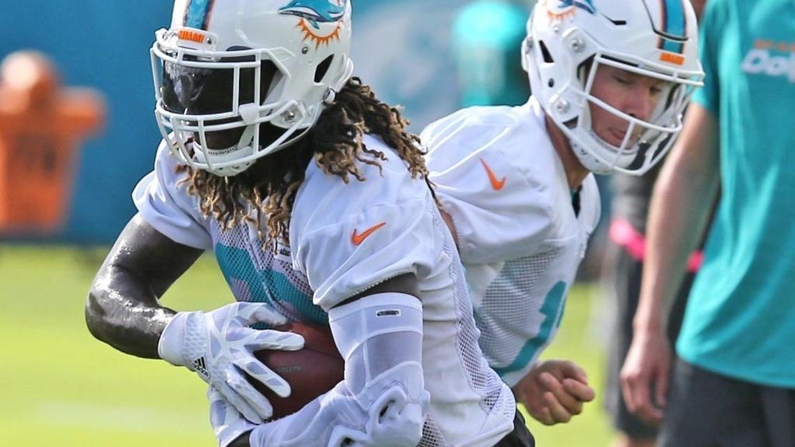 Miami Dolphins quarterback Ryan Tannehill hands off to running back Jay Ajayi on the first day of training camp at the Miami Dolphins facility in Davie on Thursday.