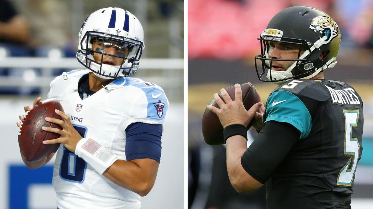 Tennessee Titans quarterback Marcus Mariota, left, has six picks and a career 2-8 record at home and Jacksonville Jaguars quarterback Blake Bortles has nine interceptions this year.