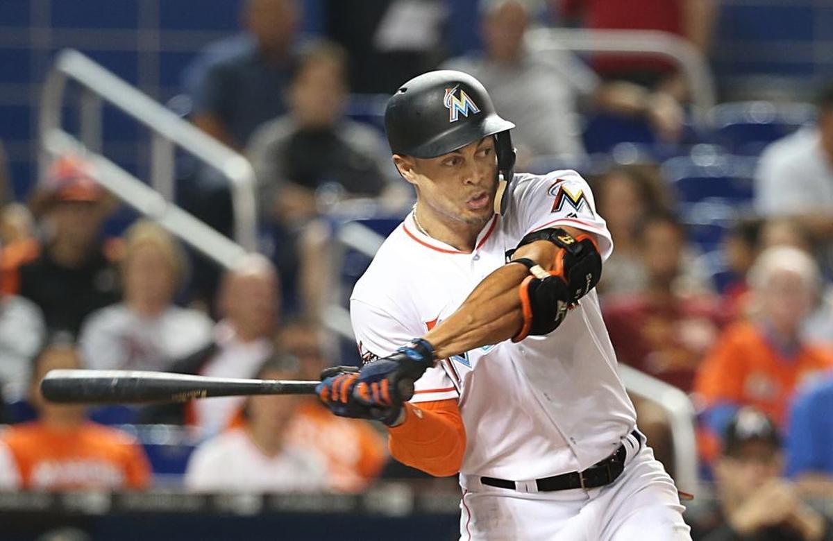 Marlins right fielder Giancarlo Stanton bats Tuesday, September 19, 2017.