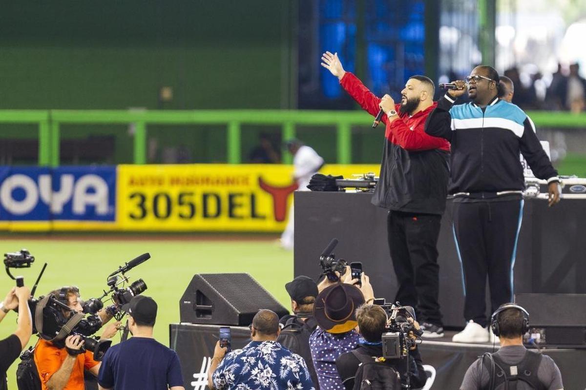 DJ Khaled and Poo Bear perform at Marlins Park before the start of the 2018 Opening Day baseball game between the Miami Marlins and the Chicago Cubs.