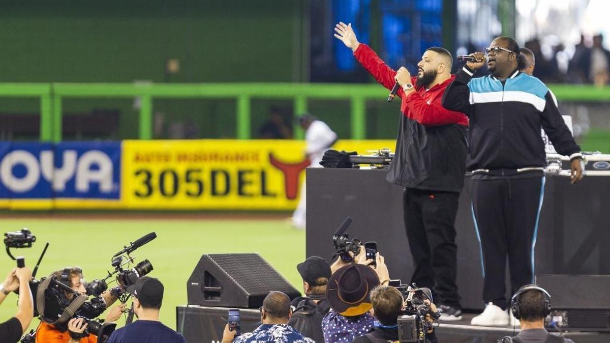 DJ Khaled and Poo Bear perform at Marlins Park before the start of the 2018 Opening Day baseball game between the Miami Marlins and the Chicago Cubs.