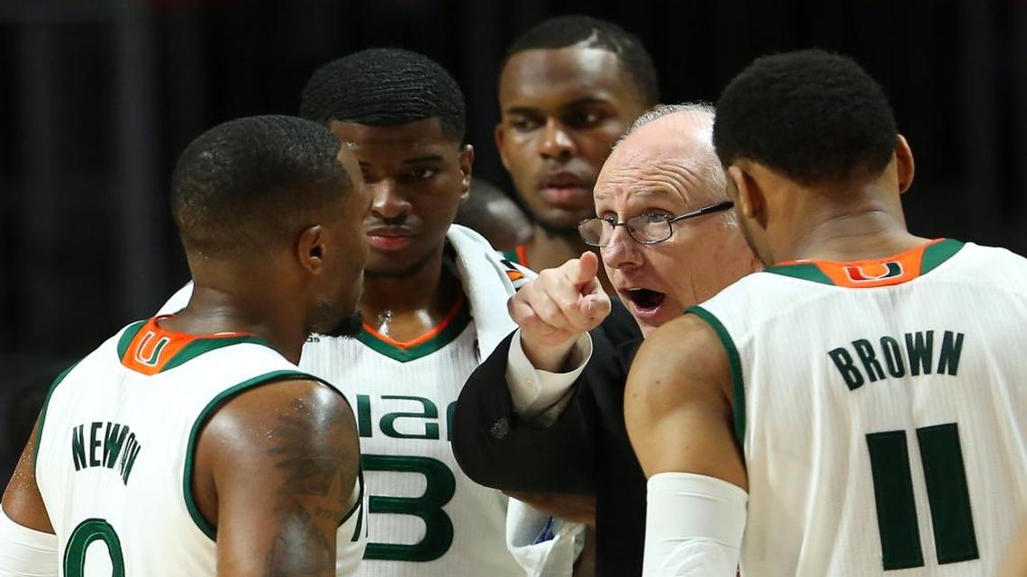 Miami Hurricanes head coach Jim Larrañaga gives instructions to his team during the second half of an NCAA college basketball game against the Duke Blue Devils at the Watsco Center in Coral Gables on Saturday, Feb. 25, 2017.