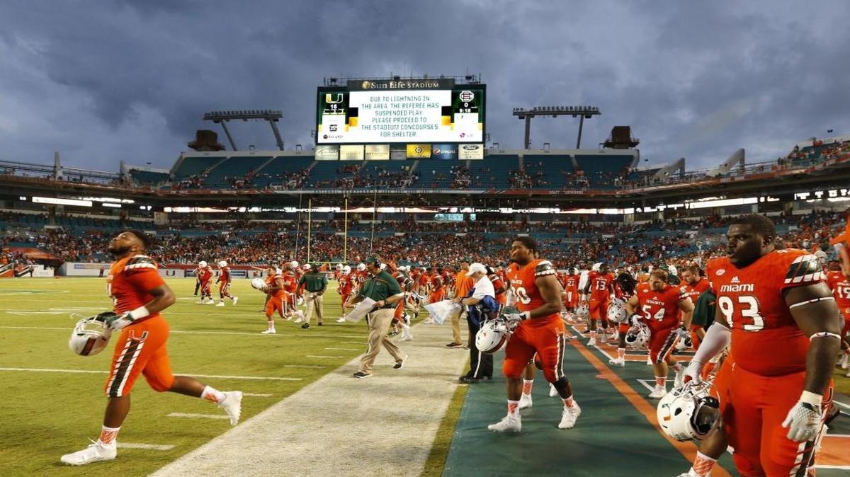 
The University of Miami players head for the locker room due to a rain delay in the second first quarter as The University of Miami hosts Bethune Cookman at Sun Life Stadium on Saturday, September 5, 2015.
