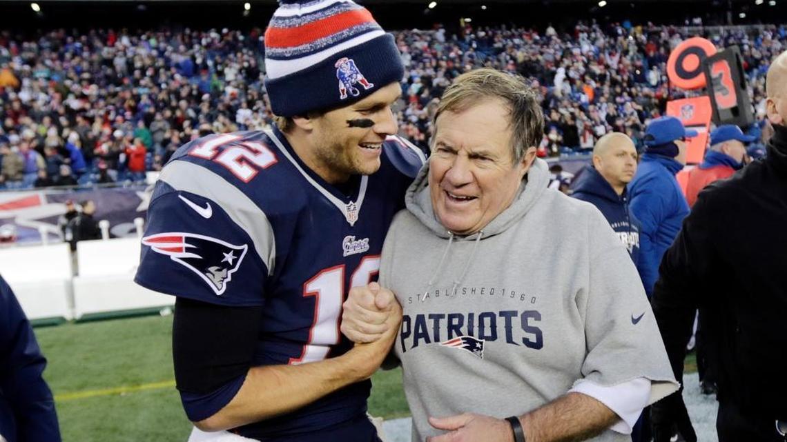 Tom Brady and Bill Belichick celebrating one of the six Super Bowls they won for the New England Patriots. Sunday they meet as adversaries for first time as Brady’s Tampa Bay Bucs visit Belichick’s Pats in Foxborough.