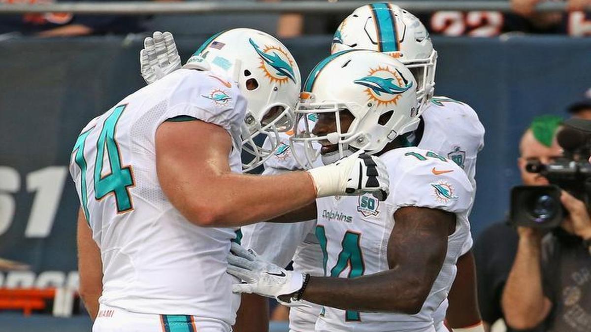 
Jarvis Landry #14 of the Miami Dolphins is congratulated by Jason Fox #74 after scoring a touchdown against the Chicago Bears during a preseason game at Soldier Field on August 13, 2015 in Chicago, Illinois. 

