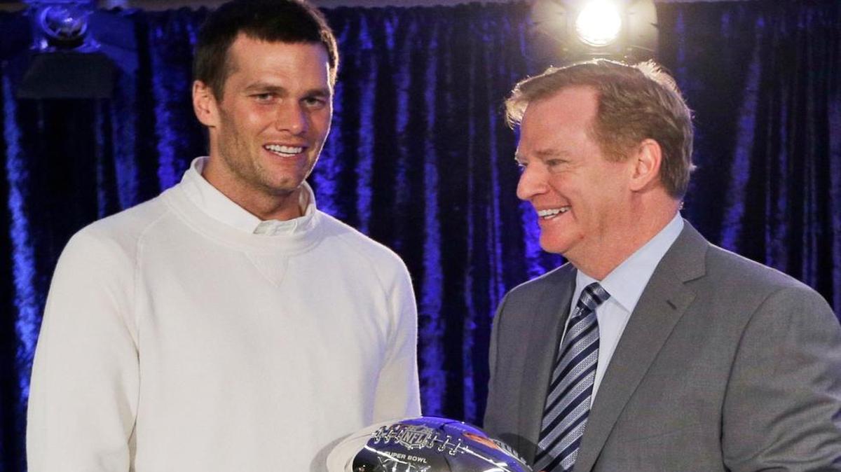 
In this Feb. 2, 2015, file photo, New England Patriots quarterback Tom Brady poses with NFL commissioner Rodger Goodell during a news conference after Super Bowl XLIX in Phoenix, Ariz. A federal judge deflated “Deflategate” Thursday, Sept. 3, 2015, erasing New England quarterback Tom Brady’s four-game suspension for a controversy that the NFL claimed threatened football’s integrity. 

