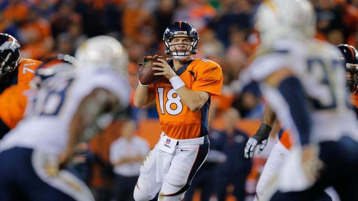 
Quarterback Peyton Manning #18 of the Denver Broncos drops back to pass against the San Diego Chargers during a game at Sports Authority Field at Mile High on October 23, 2014 in Denver, Colorado. 
