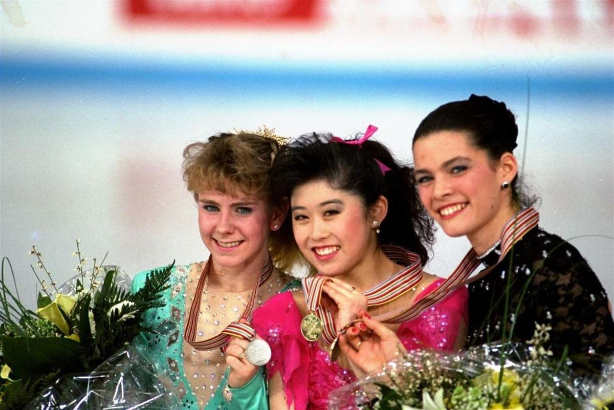 From left, American skaters Tonya Harding, silver; Kristi Yamaguchi, gold; and Nancy Kerrigan, bronze, display their medals after the finals of the World Figure Skating Championships in Munich in March 1991.
