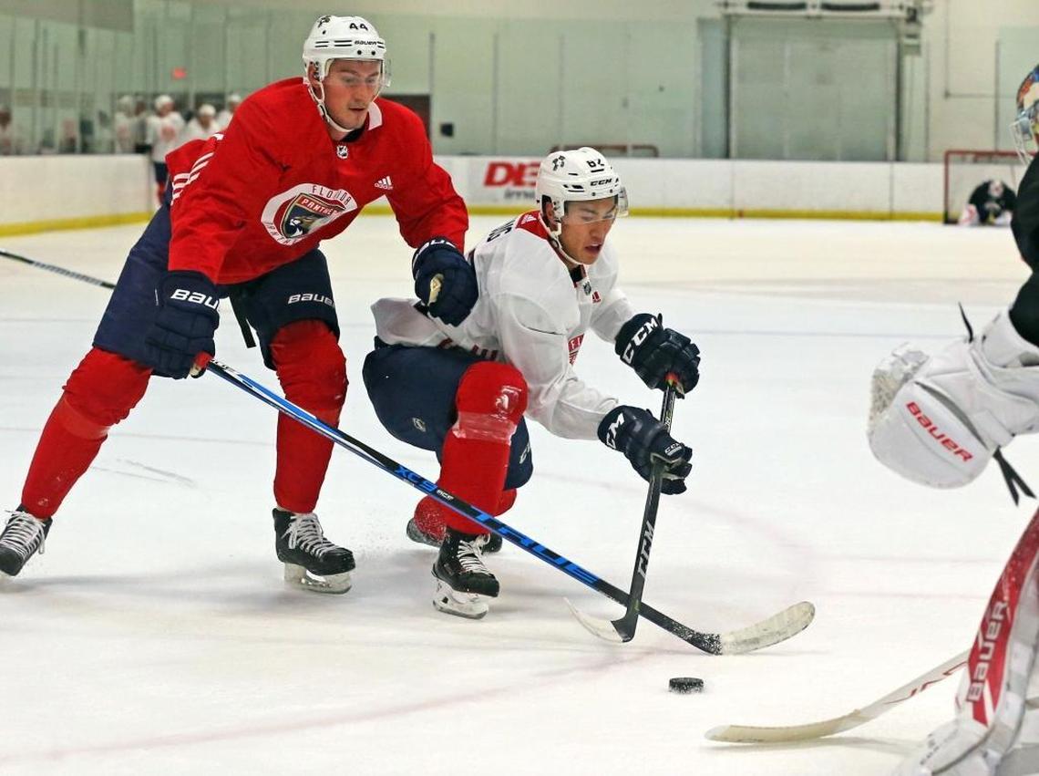 Florida Panthers Nikolai Belov (44) and Jonathan Ang (82) fight for the puck during the teams first practice of the season at the Ice Den Sports complex in Coral Springs, Sept. 15, 2017.
