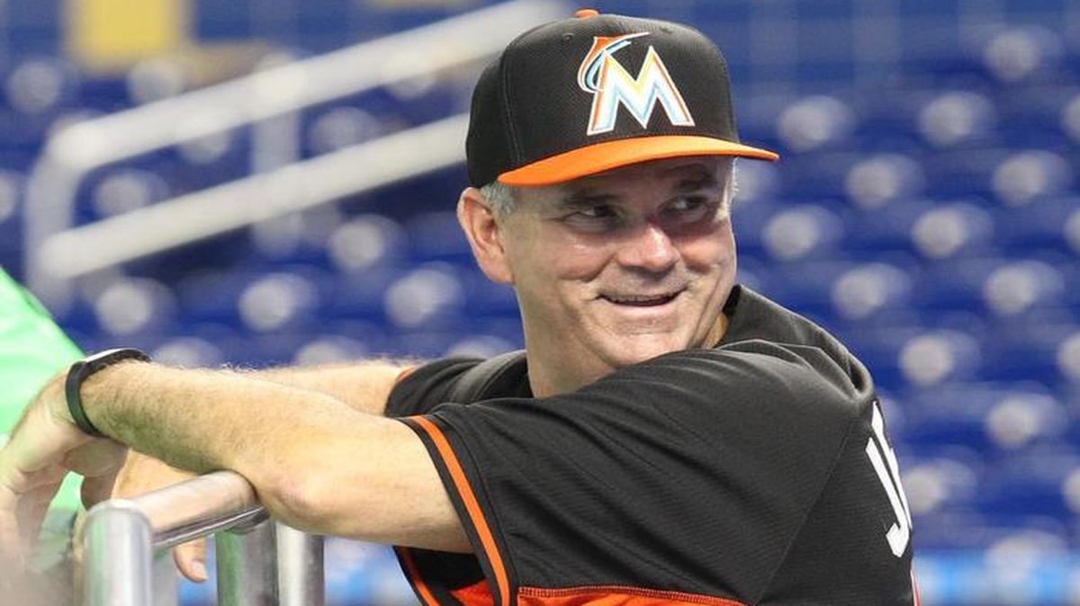 
New Miami Marlins manager Dan Jennings looks on during batting practice before a game against the Arizona Diamondbacks at Marlins Park on Monday, May 18, 2015.
