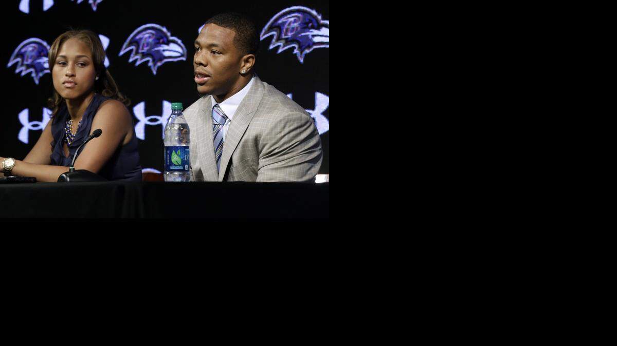 
In this May 23, 2014, file photo, Baltimore Ravens running back Ray Rice, right, speaks alongside his wife, Janay, during a news conference, Friday, May 23, in Owings Mills, Md. 
