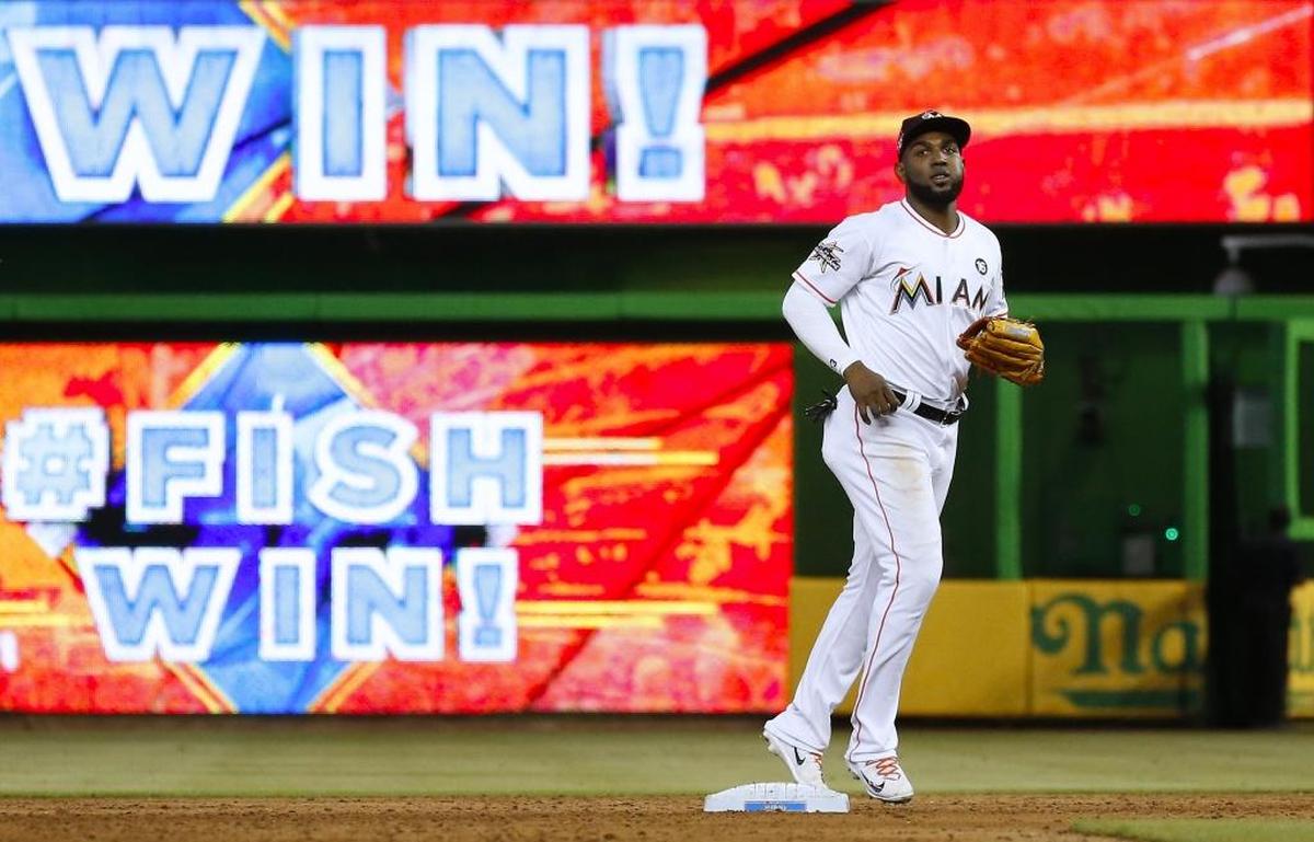 Miami Marlins left fielder Marcell Ozuna celebrates after a 11-6 win over the Oakland Athletics during a baseball game at Marlins Park on Wed., June 14, 2017 in Miami.