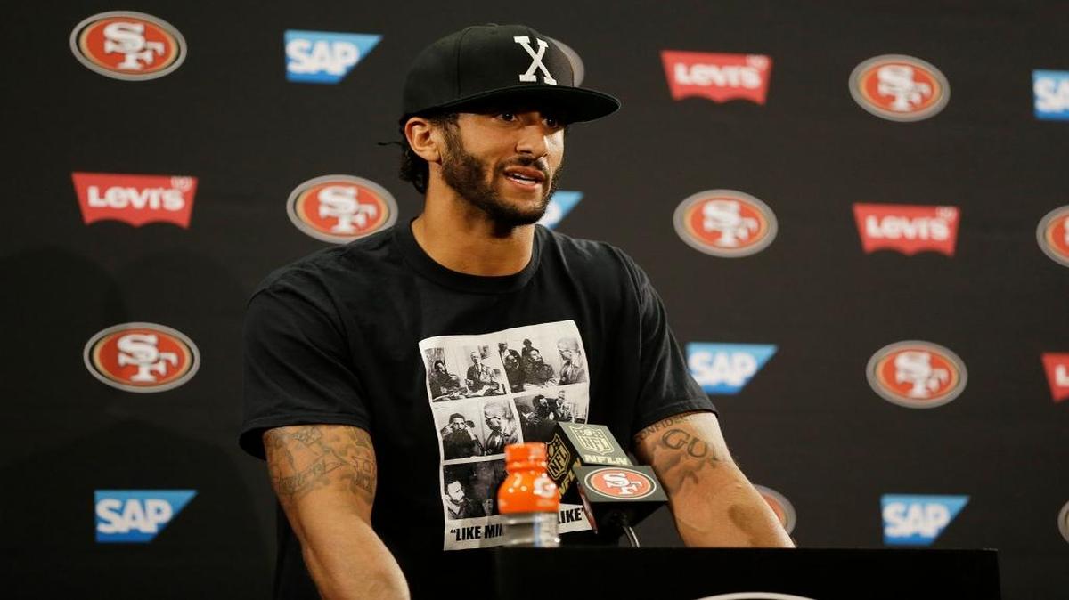 San Francisco 49ers quarterback Colin Kaepernick answers questions at a news conference after an NFL preseason football game against the Green Bay Packers Friday, Aug. 26, 2016, in Santa Clara, Calif. Green Bay won the game 21-10.