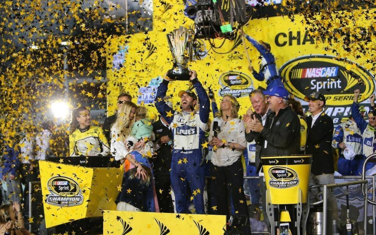 Jimmie Johnson (48) celebrates after winning the NASCAR Sprint Cup Series and Ford EcoBoost 400 Championship at Homestead-Miami Speedway on Sunday, November 20, 2016.