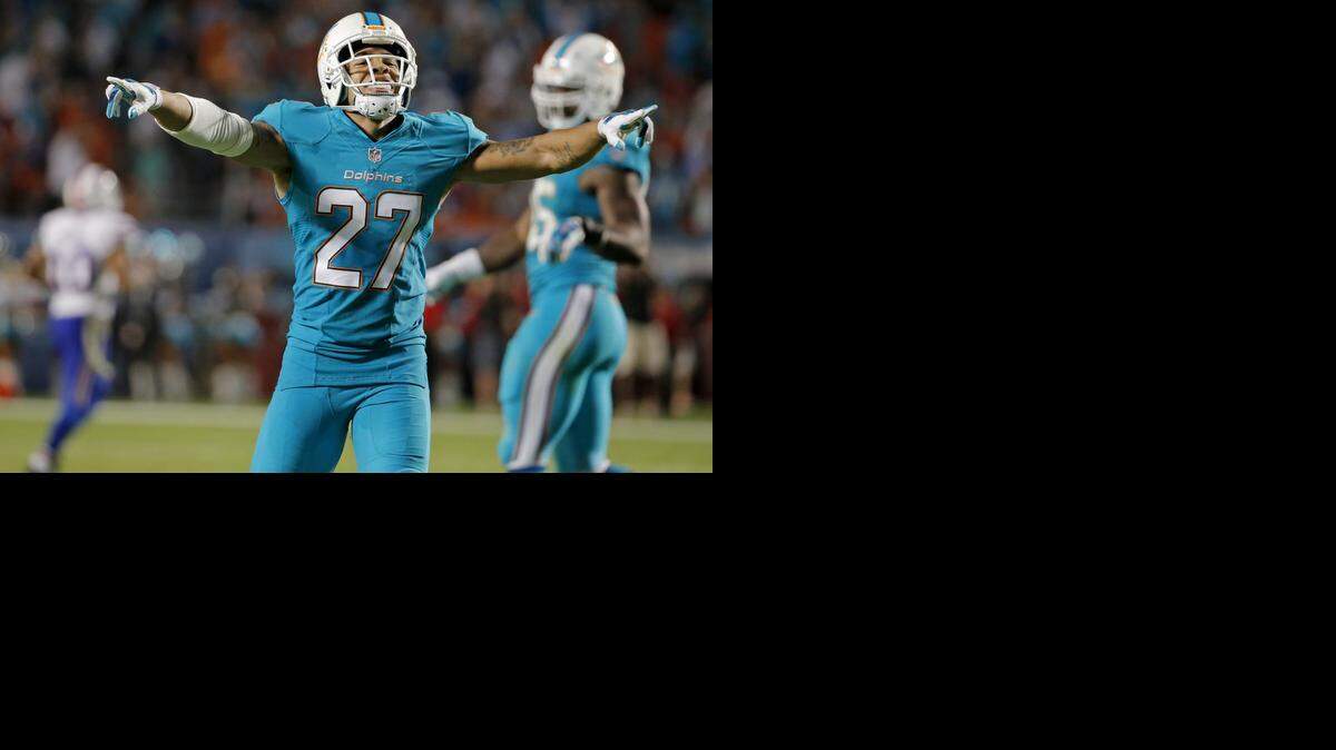 
Miami Dolphins strong safety Jimmy Wilson reacts after the Dolphins stopped the Buffalo Bills on a fourth down in the fourth quarter at Sun Life Stadium in Miami Gardens on Thursday, Nov. 13, 2014.
