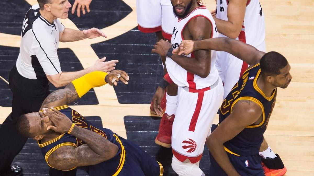LeBron James took an apparent elbow to the chin against Toronto in the Eastern Conference semifinals and recoiled as if shot with a musket, staggering three or four steps backward before falling onto his backside.