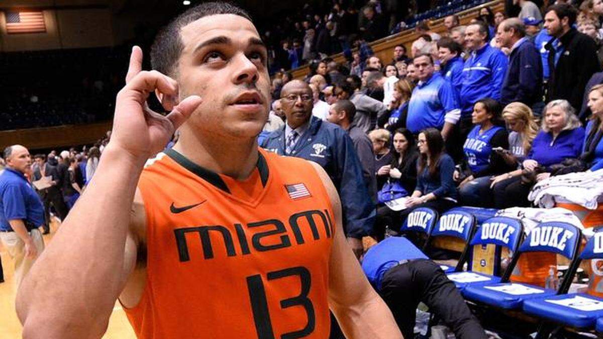 
Angel Rodriguez of the Miami Hurricanes reacts as he leaves the floor after a win against Duke on Jan. 13, 2015 in Durham, N.C. 
