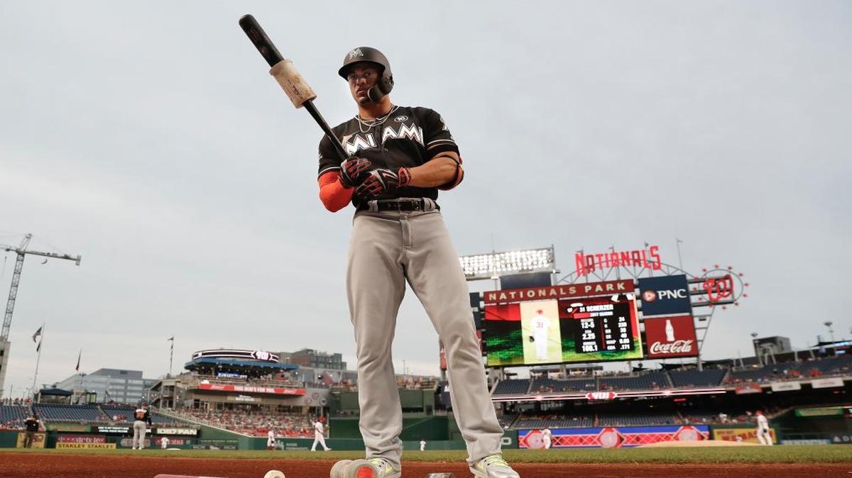 Miami Marlins right fielder Giancarlo Stanton before his at-bat against the Washington Nationals starting pitcher Max Scherzer (31) during the first inning of a baseball game at Nationals Park, Mon., Aug. 28, 2017, in Washington.