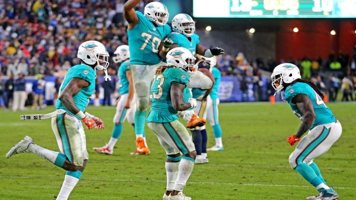 The Dolphins go wild after scoring the winning touchdown and extending their astonishing win streak to five games.