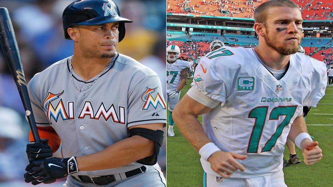 
The Marlins’ Giancarlo Stanton, left, and Dolphins’ Ryan Tannehill are two ascending stars on the South Florida sports scene.
