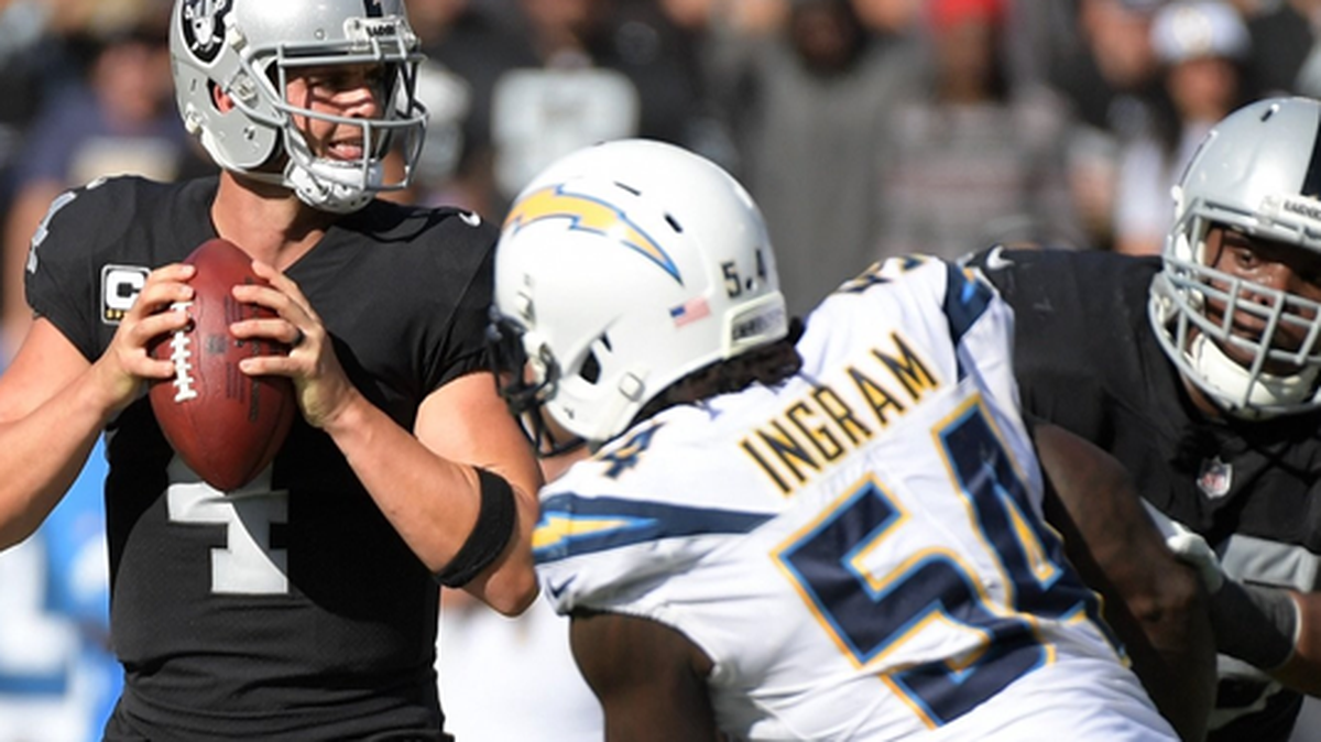 Derek Carr, shown in last week’s Raiders loss to Chargers, hasn’t been very good lately -- one reason Oakland will lose to Kansas City Thursday night.