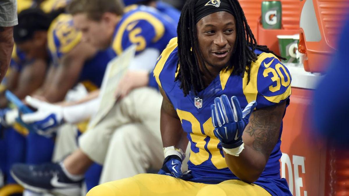 St. Louis Rams running back Todd Gurley sits in the bench area during the fourth quarter against the Arizona Cardinals on Sunday, Dec. 6, 2015, in St. Louis.