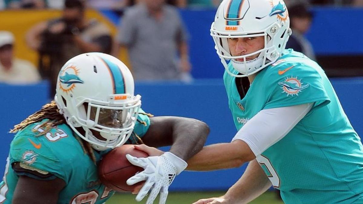 Miami Dolphins quarterback (6) Jay Cutler hands the ball off to running back (23) Jay Ajayi in the fourth quarter of an NFL game against the Los Angeles Chargers played at the StubHub Center in Carson, CA on Sunday, September 17, 2017.