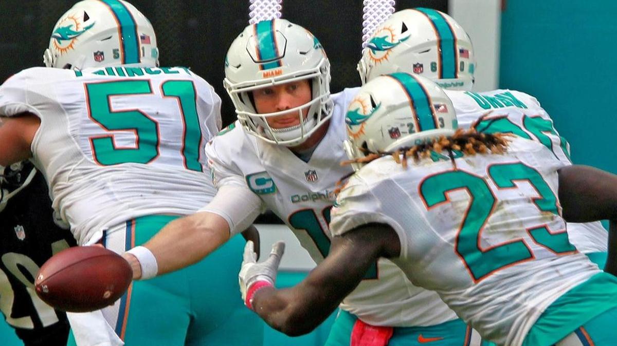 Miami Dolphins quarterback Ryan Tannehill hands the ball off to running back Jay Ajayi in the third quarter as they play the Pittsburgh Steelers at Hard Rock Stadium in Miami Gardens, Florida on Sun., Oct. 16, 2016.