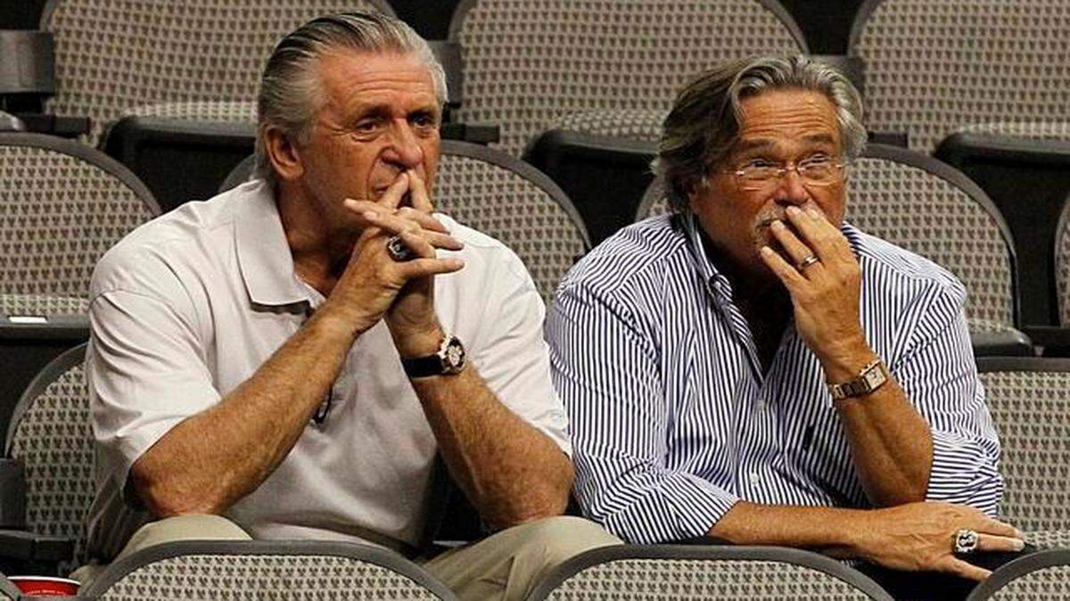 
Miami Heat general manager Pat Riley, left, and owner Micky Arison watch the team practice Wednesday, June 8, 2011 at the American Airlines Center in Dallas, Texas.
