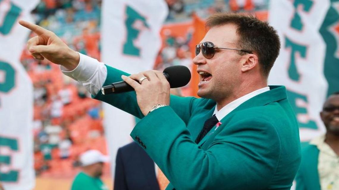 From the archives: Zach Thomas gives a thank you speech as he and his brother-in-law Jason Taylor they both have their names added to the Miami Dolphins Honor Roll at SunLife Stadium in Miami Gardens, Sunday October 14, 2012.